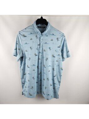 Travis Mathew Shirt Mens Large Blue Novelty Birds Drinks S/S Golf Polo